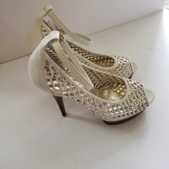 Bebe Nina White Weave Peeptoe Platform Heels Sz 10 - Picture 3 of 10